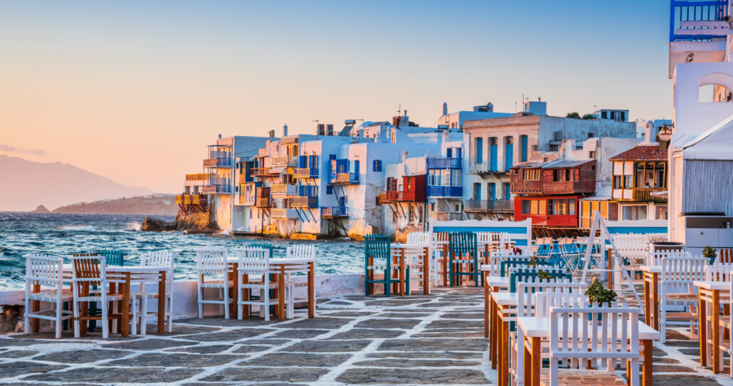 Mykonos,,Greece.,Waterfront,In,Little,Venice,,Mykonos,At,Sunset. Mykonos,,Greece.,Waterfront,In,Little,Venice,,Mykonos,At,Sunset.